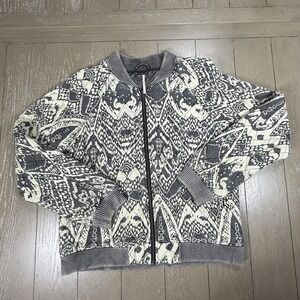 Free People Jacket Womens XS Gray Cream Quilted Patterned Bomber Zip Up Pockets